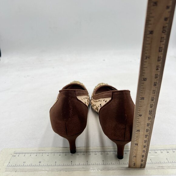 XYD Brown Pointed Toe Slip On Mesh Pumps Rhinestone Studs Comfy Kitten Heel Shoe - Picture 5 of 8